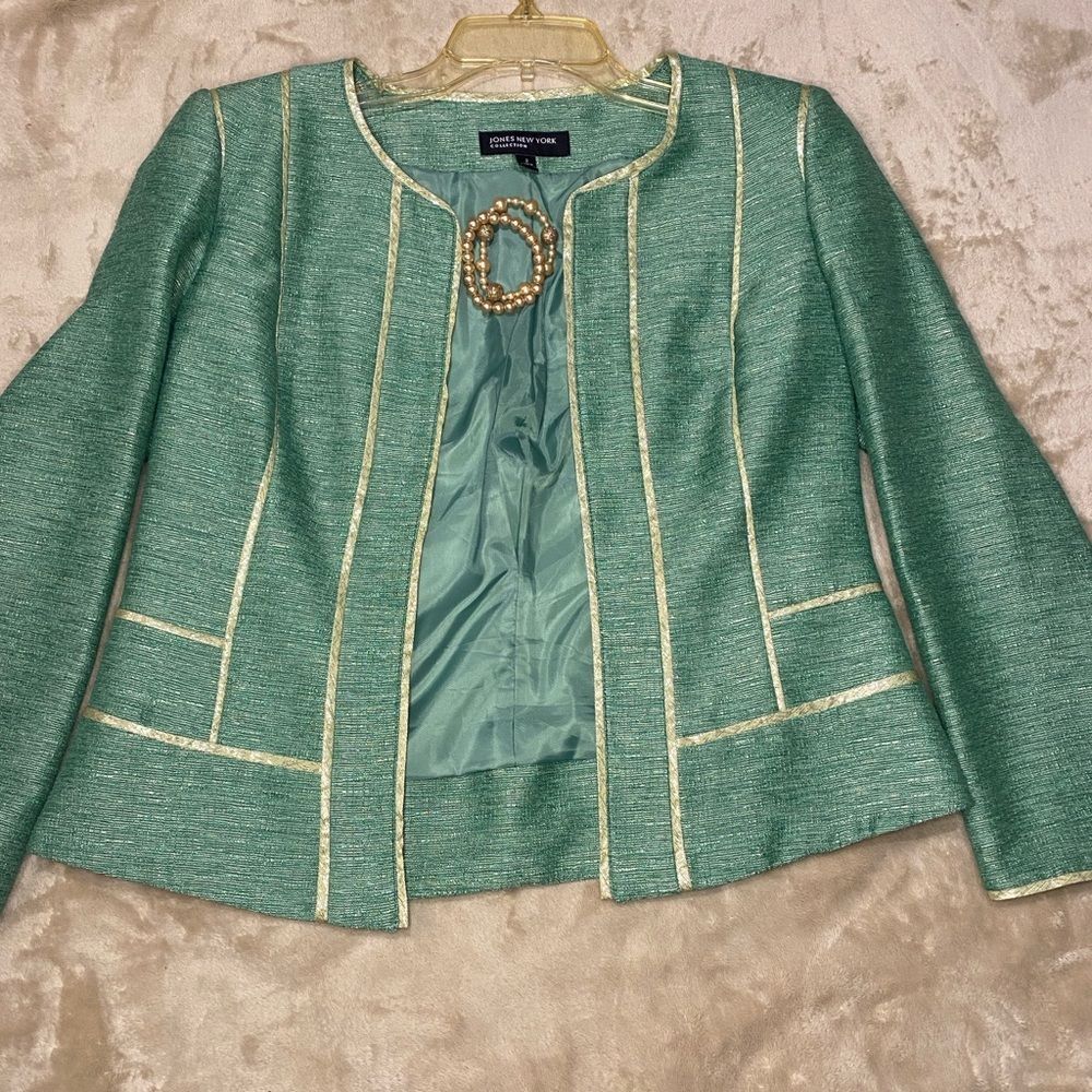 Jones New York Womens Blazer sz 2 Green Gold Trim shimmer corpcore